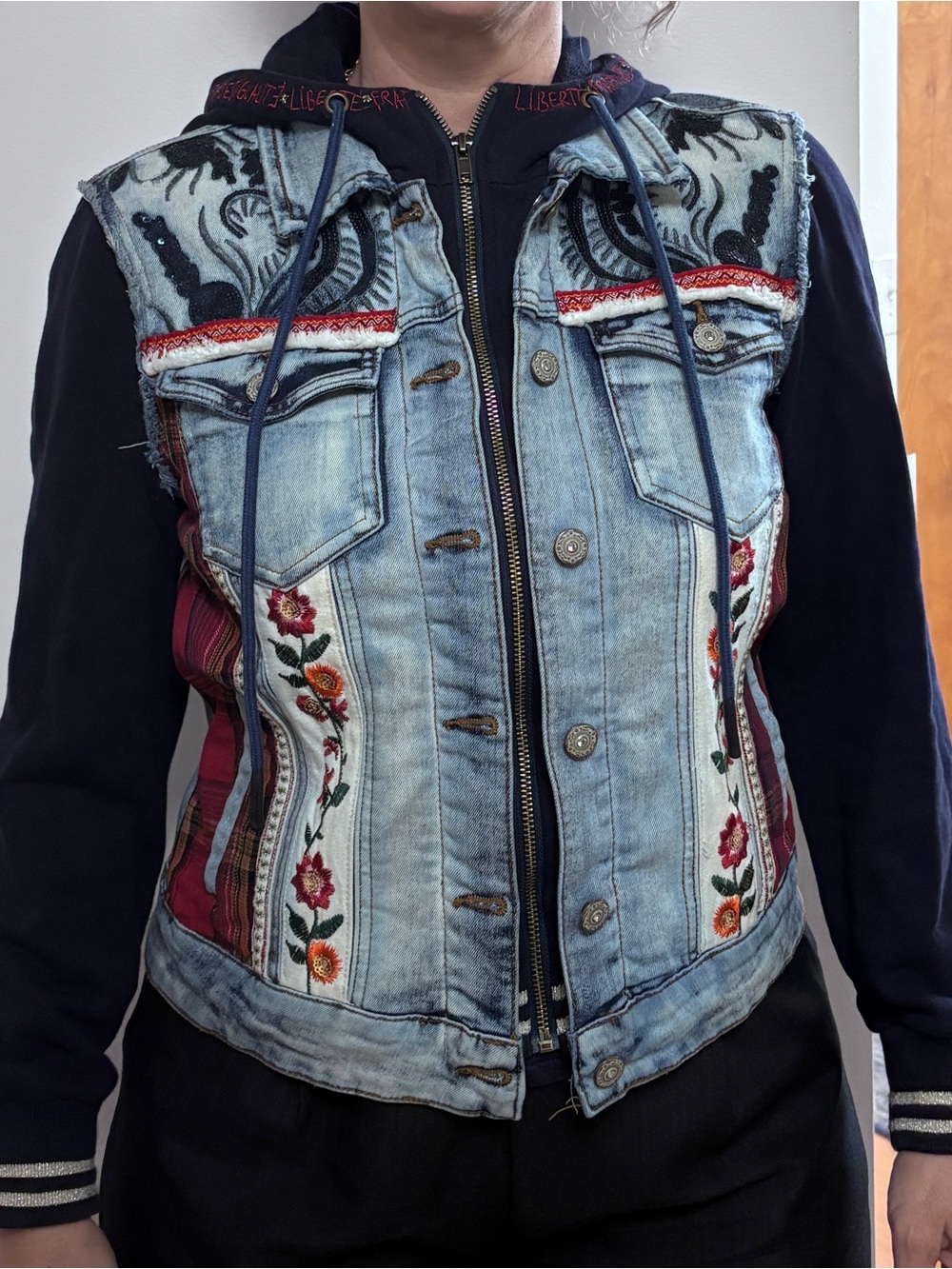 Desigual Light Wash Denim Vest with Floral Embroidery in Blue and Red